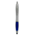 Stylus Click Pen - Silver - Blue Rubber Grip - Pad Printed